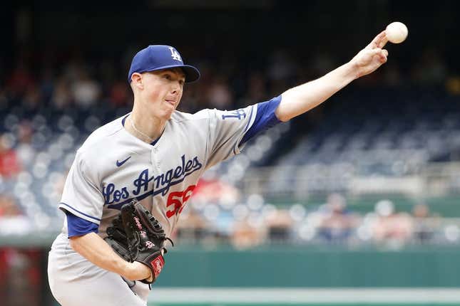 Sep 10, 2023; Washington, District of Columbia, USA; Los Angeles Dodgers starting pitcher Ryan Yarbrough (56) throws the ball in the first inning against the Washington Nationals at Nationals Park.