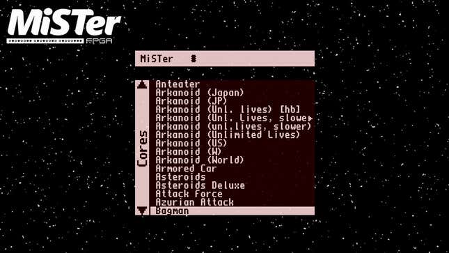 The arcade menu of the MiSTer, displaying a list of ready-to-play arcade games.