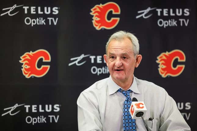 Apr 10, 2023; Calgary, Alberta, CAN; Calgary Flames head coach Darryl Sutter during interview after the game against the Nashville Predators at Scotiabank Saddledome.