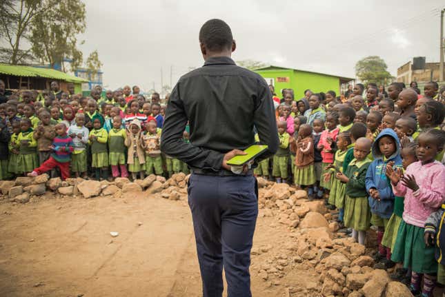 Academy Manager Shadrack Juma addresses his students at the Bridge International Academy – Kingston school in Nairobi, Kenya.