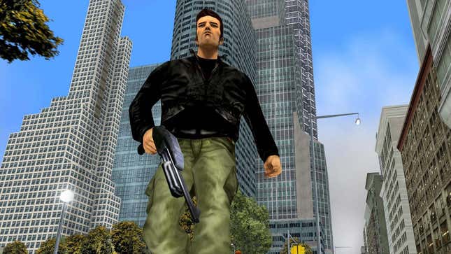 A screenshot shows a man from GTA 3 walking toward the camera. 