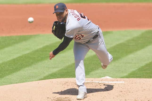 May 10, 2023; Cleveland, Ohio, USA; Detroit Tigers starting pitcher Eduardo Rodriguez (57) throws a pitch during the first inning against the Cleveland Guardians at Progressive Field.