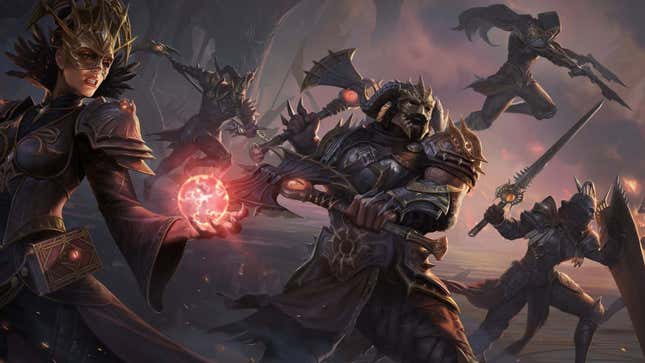 An image shows a group of armored warriors from Diablo Immortal charging together. 