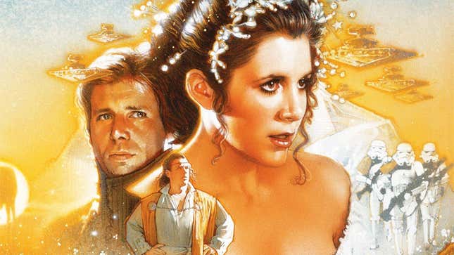 Han Solo, Prince Isolder, Princess Leia, and some Stormtroopers, on the cover of The Courtship of Princess Leia.