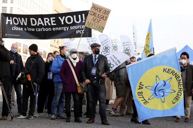 A protest in Berlin on Friday (April 14) opposing the shuttering of three nuclear power plants.