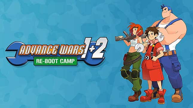 The cast of Advance Wars 1+2 Re-Boot Camp is seen standing next to the game's logo on a blue background.