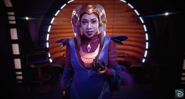 A Star Wars character performs in a purple ensemble in the nightclub "aboard" the Halcyon.