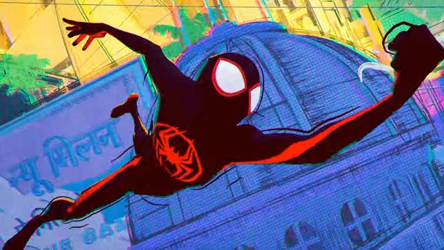 Miles Morales swinging through a new dimension in Spider-Man: Into the Spider-Verse--Part One. 