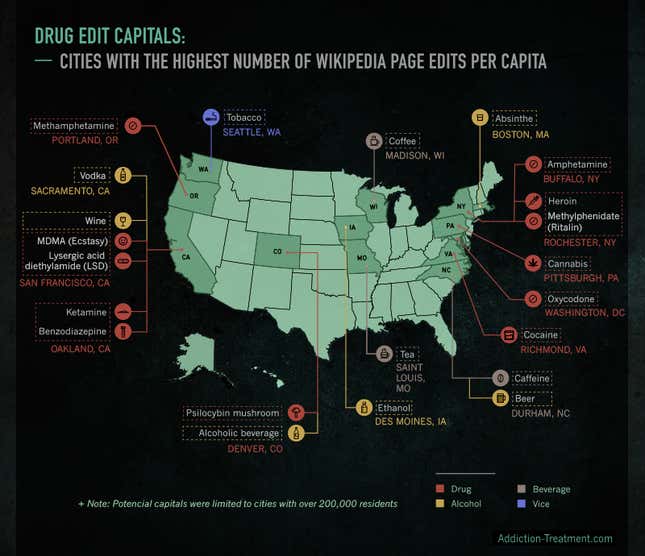 Image for article titled These are the drug capitals of the US, according to Wikipedia edits