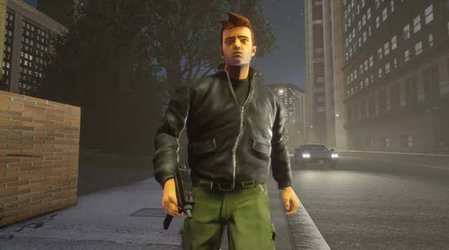 The protagonist of GTA III stands on a Liberty City street, facing the. camera, holding an SMG.