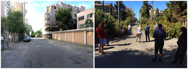 A comparison of two laneways in inner-city Vancouver, Canada.