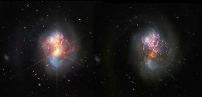 La misma galaxia a ojos del Webb (izquierda) y del Hubble (derecha).