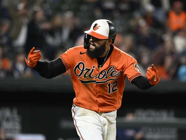 Sep 24, 2022; Baltimore, Maryland, USA;  Baltimore Orioles second baseman Rougned Odor (12) reacts after hitting a home run against the Houston Astros during the ninth inning at Oriole Park at Camden Yards.