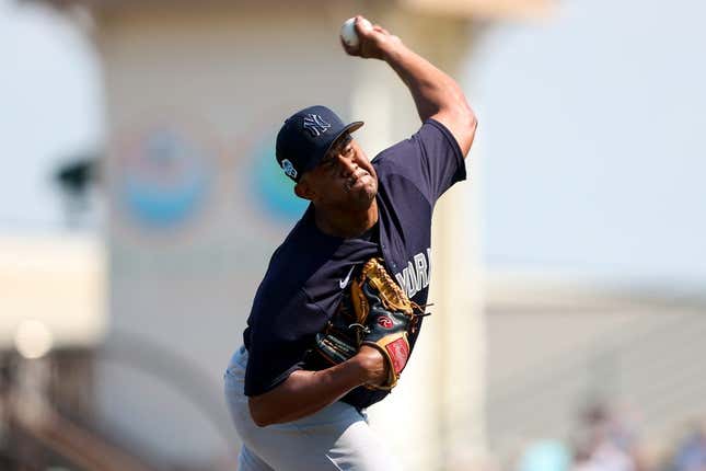 Mar 2, 2023; Bradenton, Florida, USA;  New York Yankees relief pitcher Wandy Peralta (58) throws a pitch against the Pittsburgh Pirates in the second inning during spring training at LECOM Park.
