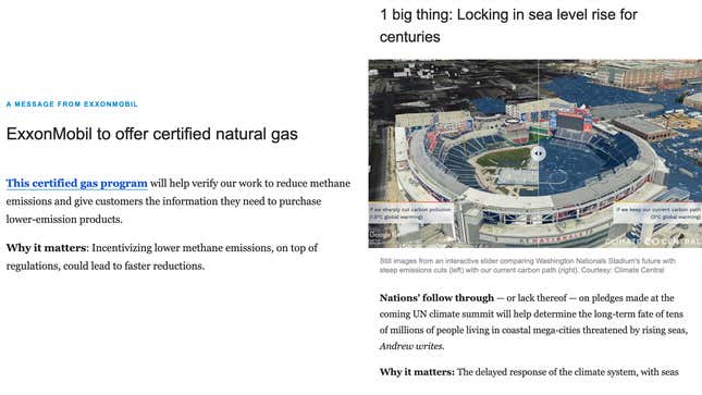 Right: An Exxon ad in the same newsletter, also using the Axiom format. Left: A story on sea level rise in Axios's Oct 12 newsletter, using the Axiom format.