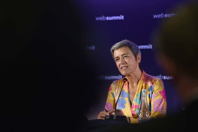 European antitrust chief Margrethe Vestager speaking at a conference