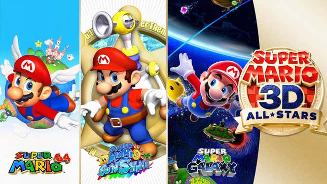 Images of Super Mario 64, Super Mario Sunshine, and Super Mario Galaxy are side by side next to the Super Mario 3D All-Stars logo. 
