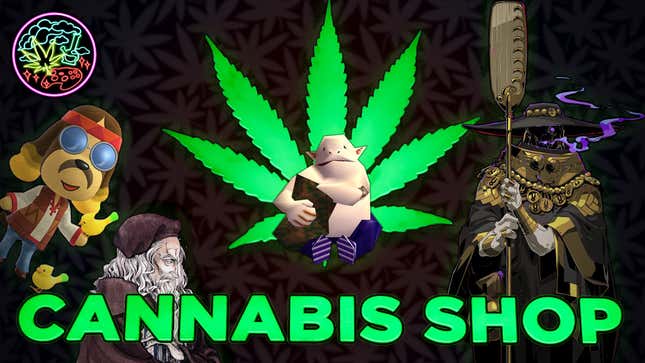 A collection of video game merchants set against a marijuana background. The words "Cannabis Shop" are at the bottom in bright green