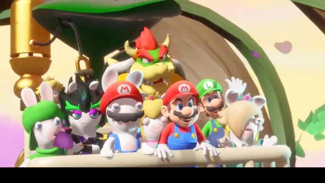 Mario characters and the Rabbids stare out at the horizon.