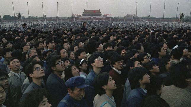 Tens of thousands of students and citizens crowd Beijing's Tiananmen Square on April 21, 1989.
