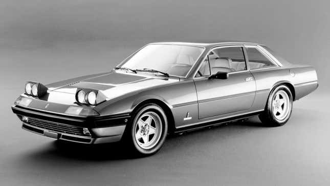 Black-and-white studio image of Ferrari 400i.