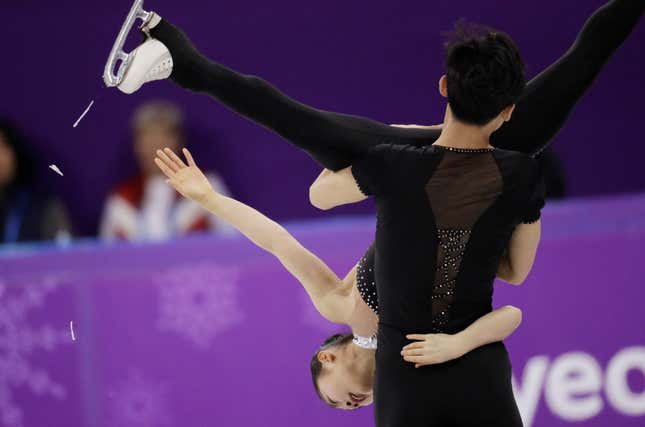 Ryom Tae Ok and Kim Ju Sik of North Korea perform in the pairs free skate figure skating final in the Gangneung Ice Arena at the 2018 Winter Olympics in Gangneung, South Korea, Thursday, Feb. 15, 2018.