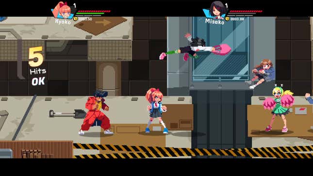Misako knocks a girl out of the air with the swing of her pink purse.