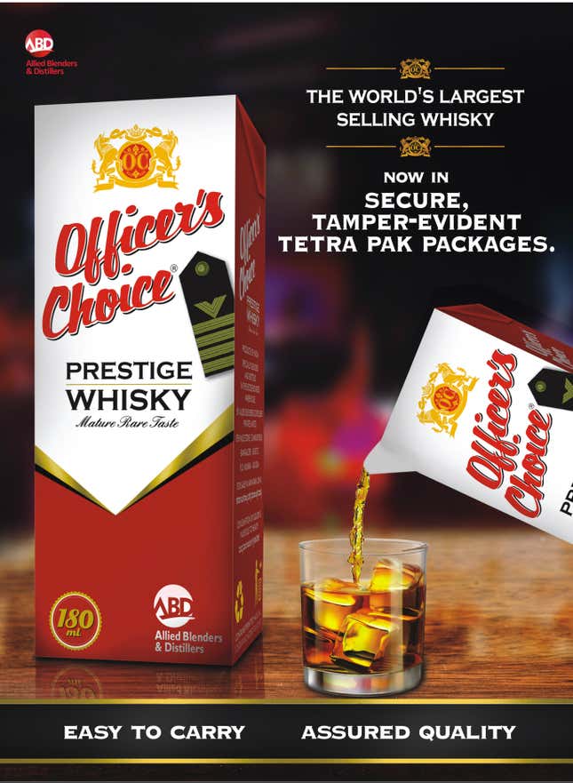 Officer’s Choice in Tetra Pak packaging.