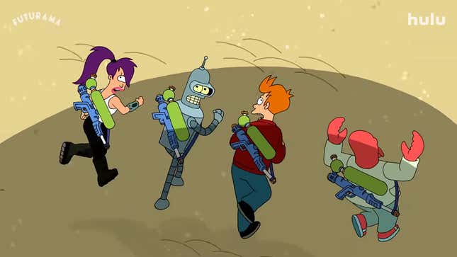A screenshot from Futurama with Leela, Fry, Bender, and Zoidberg running in fear as a shadow threatens to engulf them