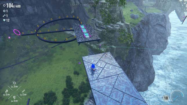 A screenshot shows Sonic standing on a grey platform hovering above a large field.