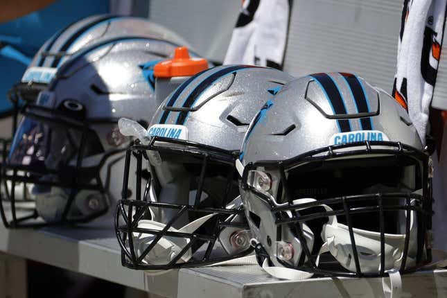 Aug 13, 2022; Landover, Maryland, USA; Carolina Panthers players helmets rest on the bench against the Washington Commanders at FedExField.