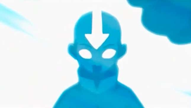 Aang awakening within an iceberg from the original Nickelodeon series sees him cast in all blue with his trademark arrow in white.