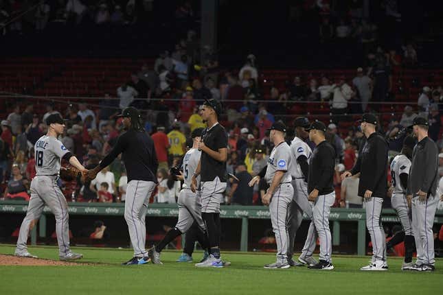 Jun 27, 2023; Boston, Massachusetts, USA; The Miami Marlins celebrate after defeating the Boston Red Sox at Fenway Park.