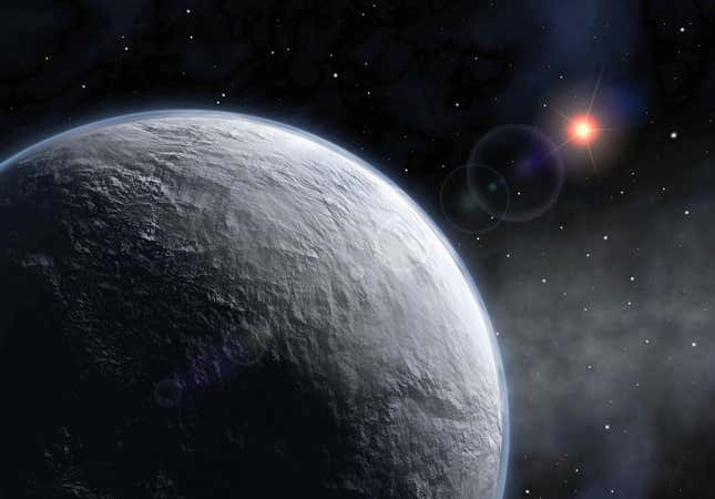 Ilustración que muestra un exoplaneta con su estrella al fondo.