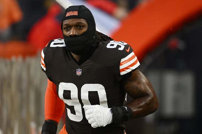 Dec 17, 2022; Cleveland, Ohio, USA; Cleveland Browns defensive end Jadeveon Clowney (90) is introduced before the game between the Browns and the Baltimore Ravens at FirstEnergy Stadium.