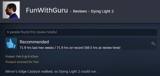 A screenshot of a Steam user text review for the game Dying Light 2.