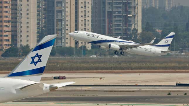 A picture taken on August 31, 2020, shows the El Al’s airliner, which will carry a US-Israeli delegation to the UAE following a normalisation accord, lifting off from the tarmac in the first-ever commercial flight from Israel to the UAE at the Ben Gurion Airport near Tel Aviv. 