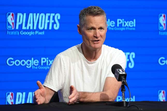 Apr 23, 2023; San Francisco, California, USA; Golden State Warriors head coach Steve Kerr talks to media members before game four of the 2023 NBA playoffs against the Sacramento Kings at Chase Center.