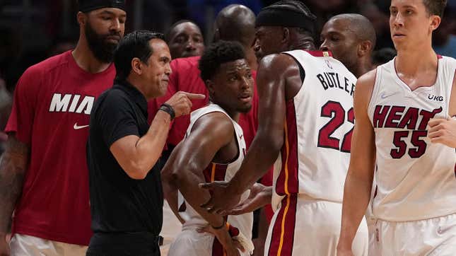 Erik Spoelstra got in Jimmy Butler’s face after he exchanged words with Udonis Haslem.