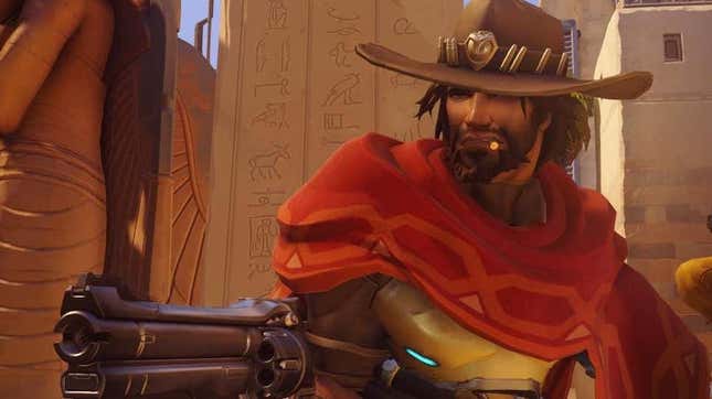 McCree as seen in Overwatch, carrying his pistol and wearing his hat.