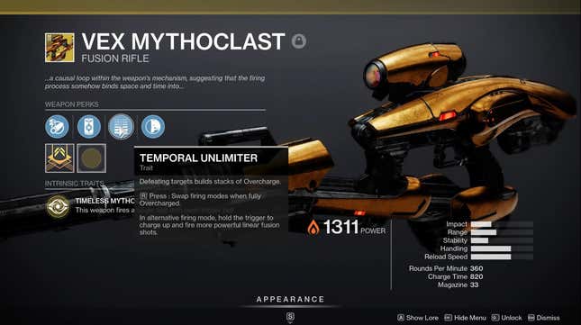 A screenshot of the Vex Mythoclast fusion rifle's stat page.