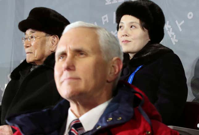 Too close for comfort? US vice president Mike Pence at the Winter Olympics opening ceremony with North Korea’s ceremonial head of state Kim Yong-nam, and North Korean leader Kim Jong-un’s younger sister Kim Yo-jong, just behind him.