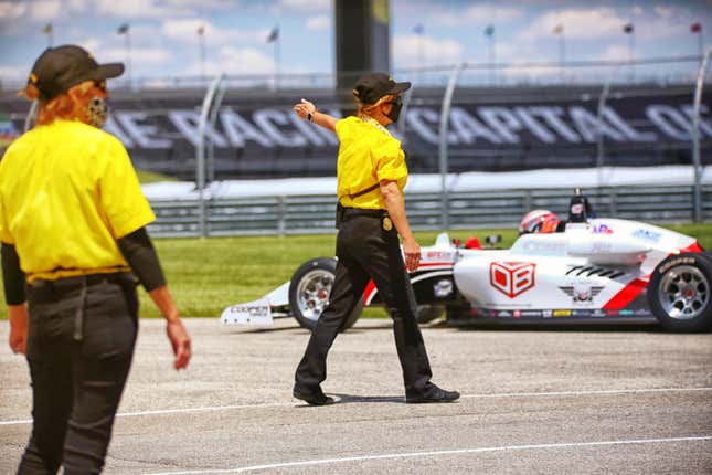 Yellow shirts direct USF2000 cars during the Month of May