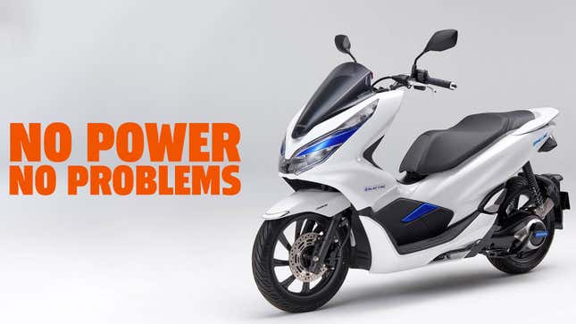 A photo of a Honda electric motorbike with the caption "no power no problems" 