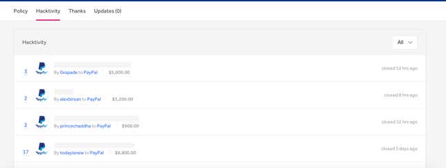 PayPal’s “hacktivity” page shows the actual amounts it paid out to hackers for findings.