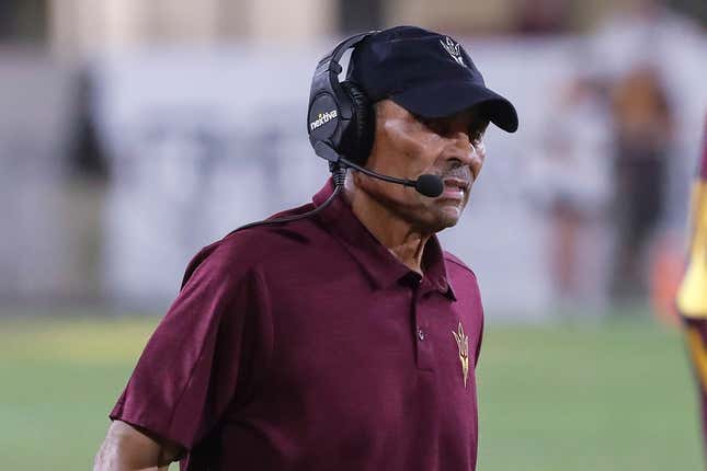 Arizona State Sun Devils head coach Herm Edwards looks on during the college football game between the Eastern Michigan Eagles and the Arizona State Sun Devils on September 17, 2022 at Sun Devil Stadium in Tempe, Arizona.