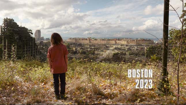 A boy looks out over a ravaged city with the words Boston 2023 displayed onscreen in a scene from HBO's The Last of Us.