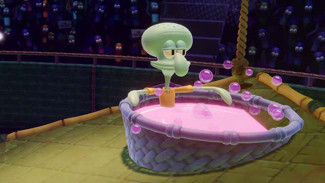 A screenshot shows Squidward relaxing in a tub filled with pink water. 