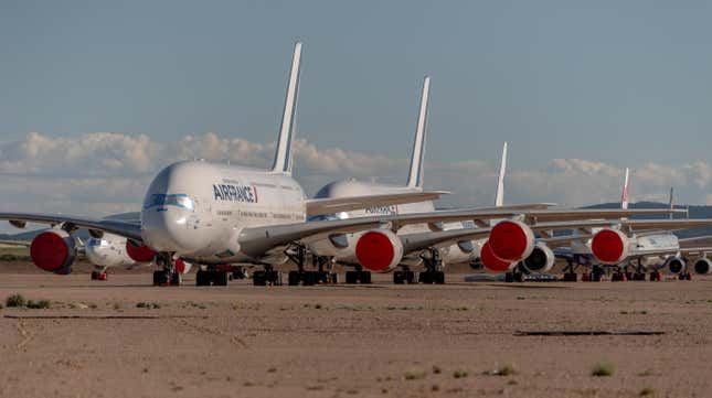 Airbus A380 passenger aircraft operated by Air France stand parked in a storage facility operated by TARMAC Aerosave at Teruel Airport on May 18, 2020 in Teruel, Spain.