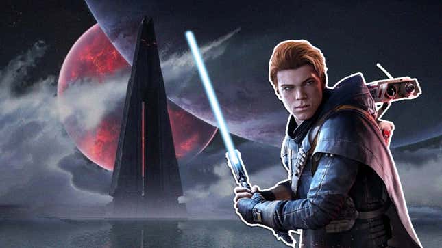 A large image of Jedi Cal Kestis standing in front of the dark and large Inquisitor Fortress. 